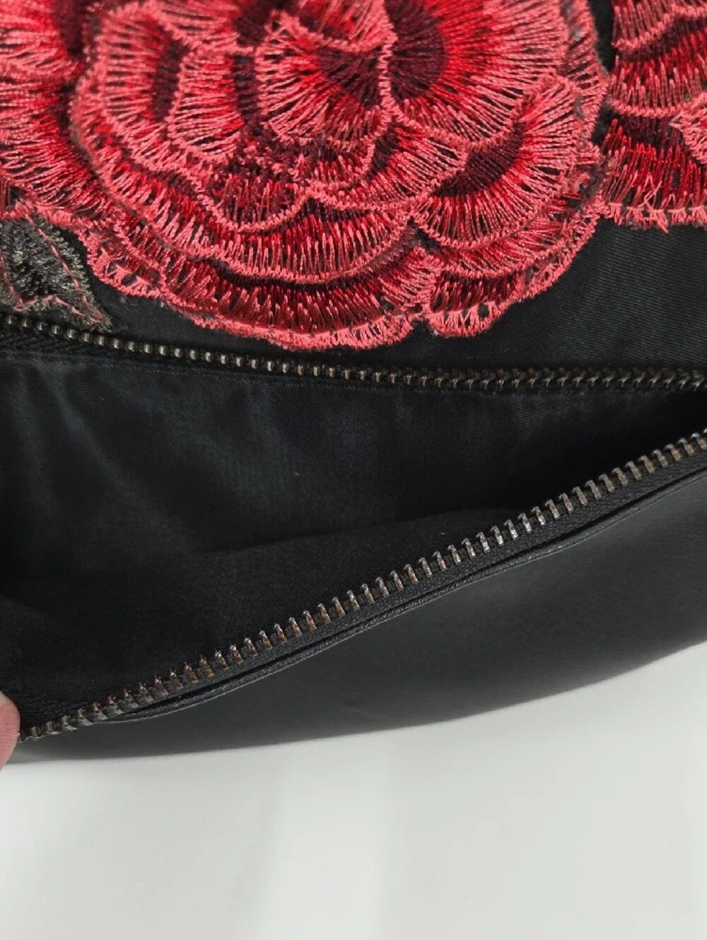 Black Women's Mini Backpack with Red Rose Embroidery
